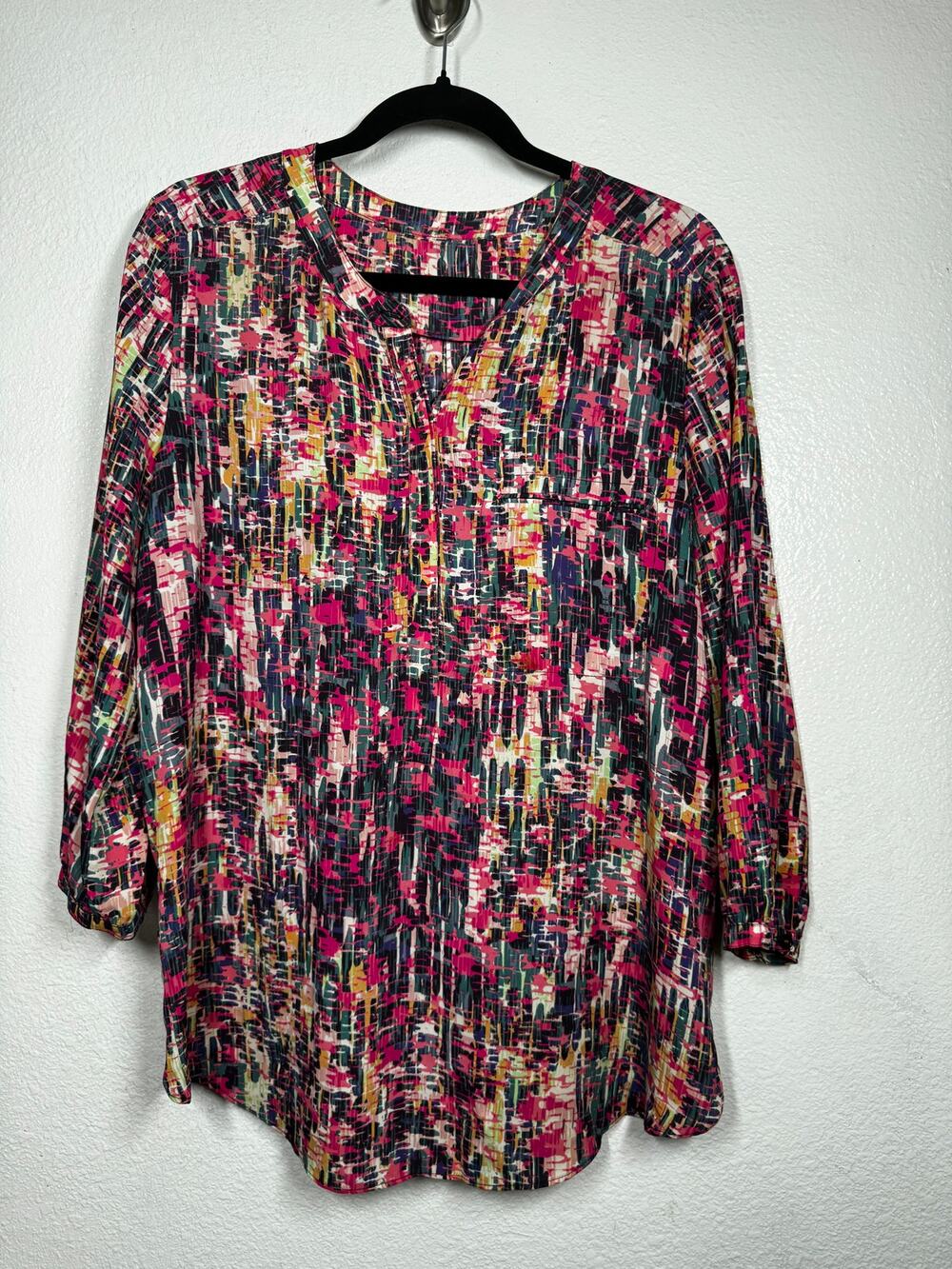 NYDJ Abstract Blouse Pink Black Multicolor Sz L 3/4 Sleeve